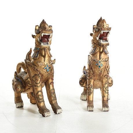 Dogs Foo Temple Lyons Asiatic -Pair Antique – 19 th Century-Rare Monumental Pieces-Wood Gold and Cristal