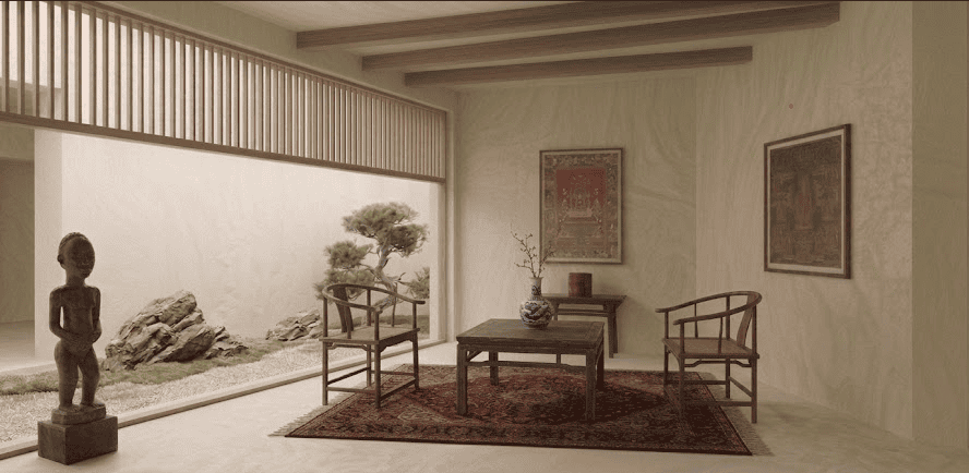arte asiático y africano de colección , pintura thangka y escultura fang Salón decorado con escultura africana tribal de madera, sillas chinas antiguas, jarrón de porcelana y thangka oriental en la pared.